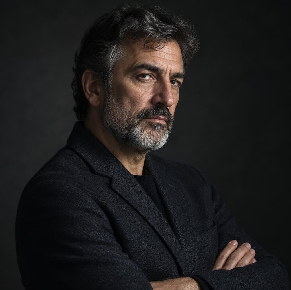 Portrait of a Croatian mystery novelist in a dark blazer