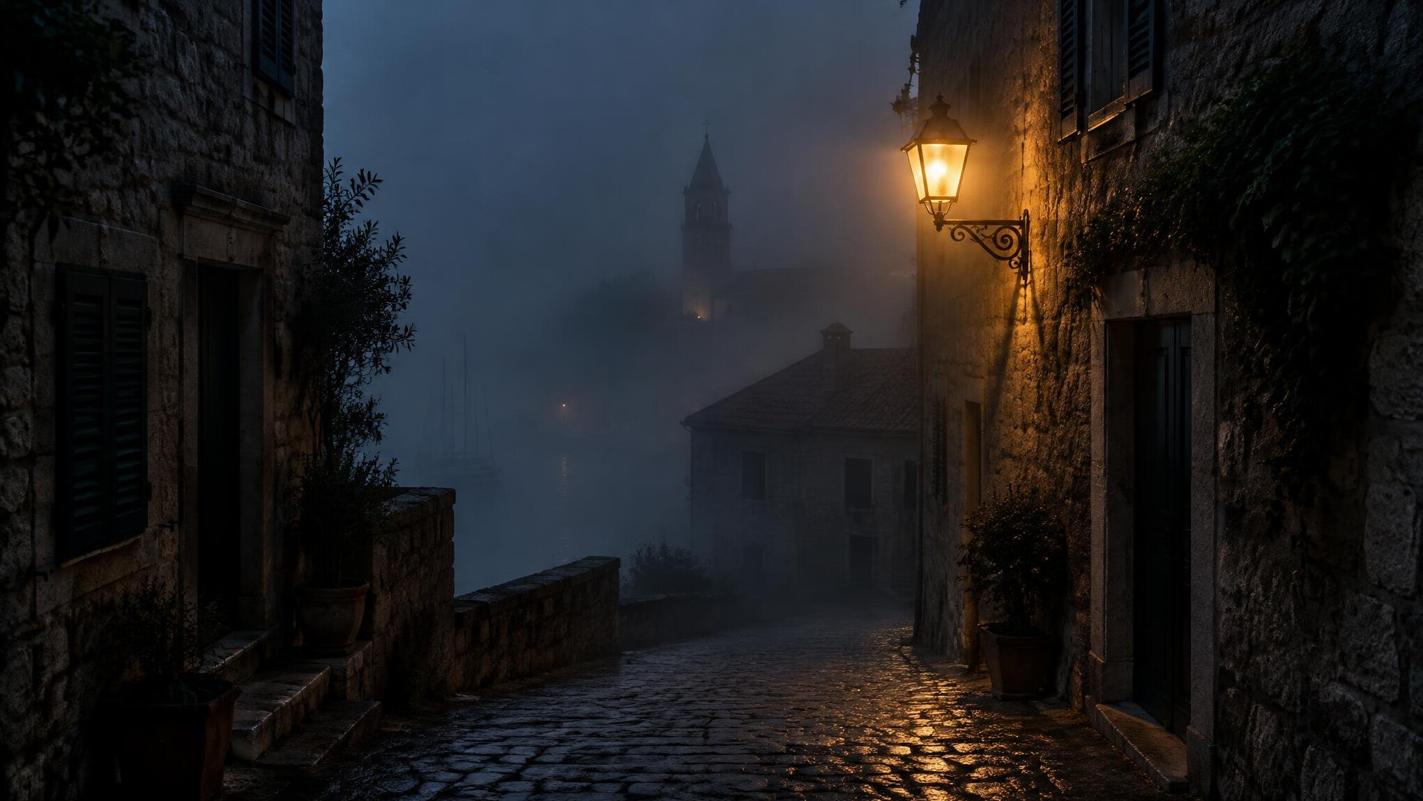 Foggy cobblestone street in an old European town at night