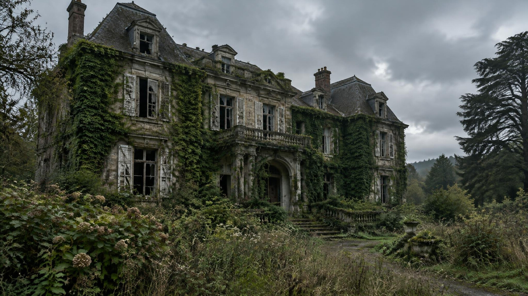 Abandoned stone mansion surrounded by an overgrown garden