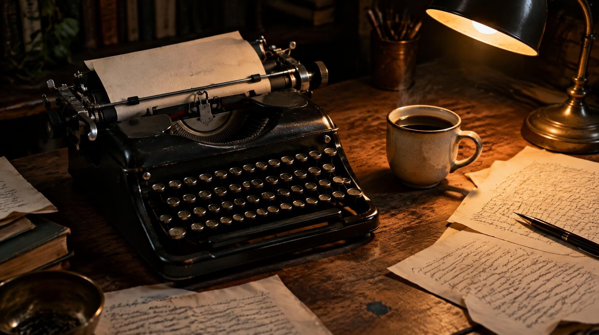 Vintage typewriter on a wooden desk with manuscript pages