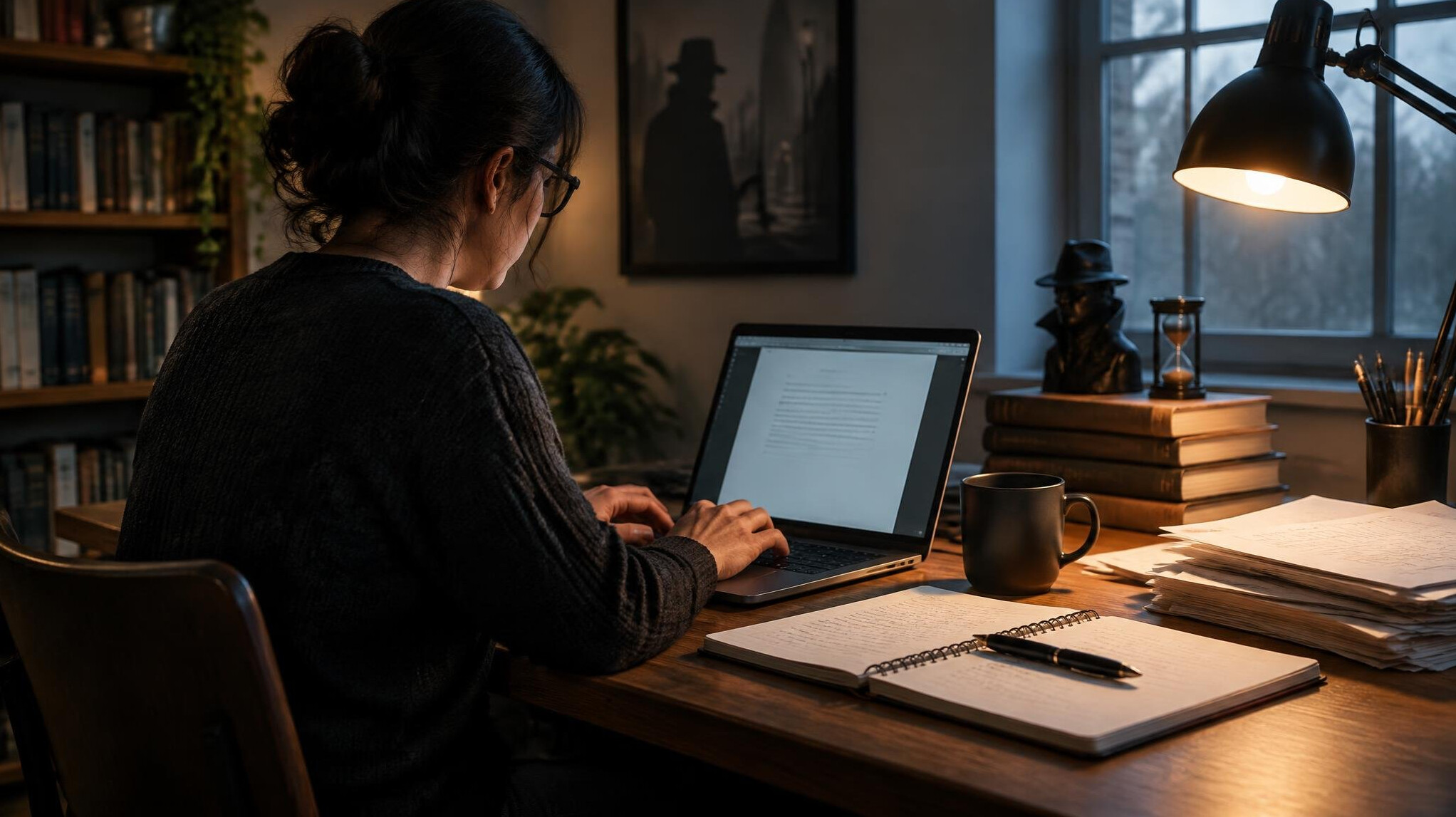 writer at desk with notebook