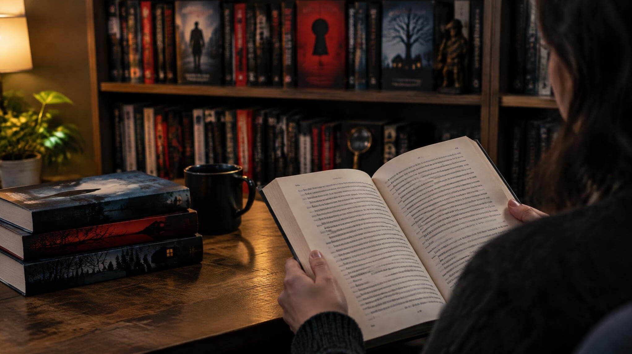 bookshelf with mystery novels