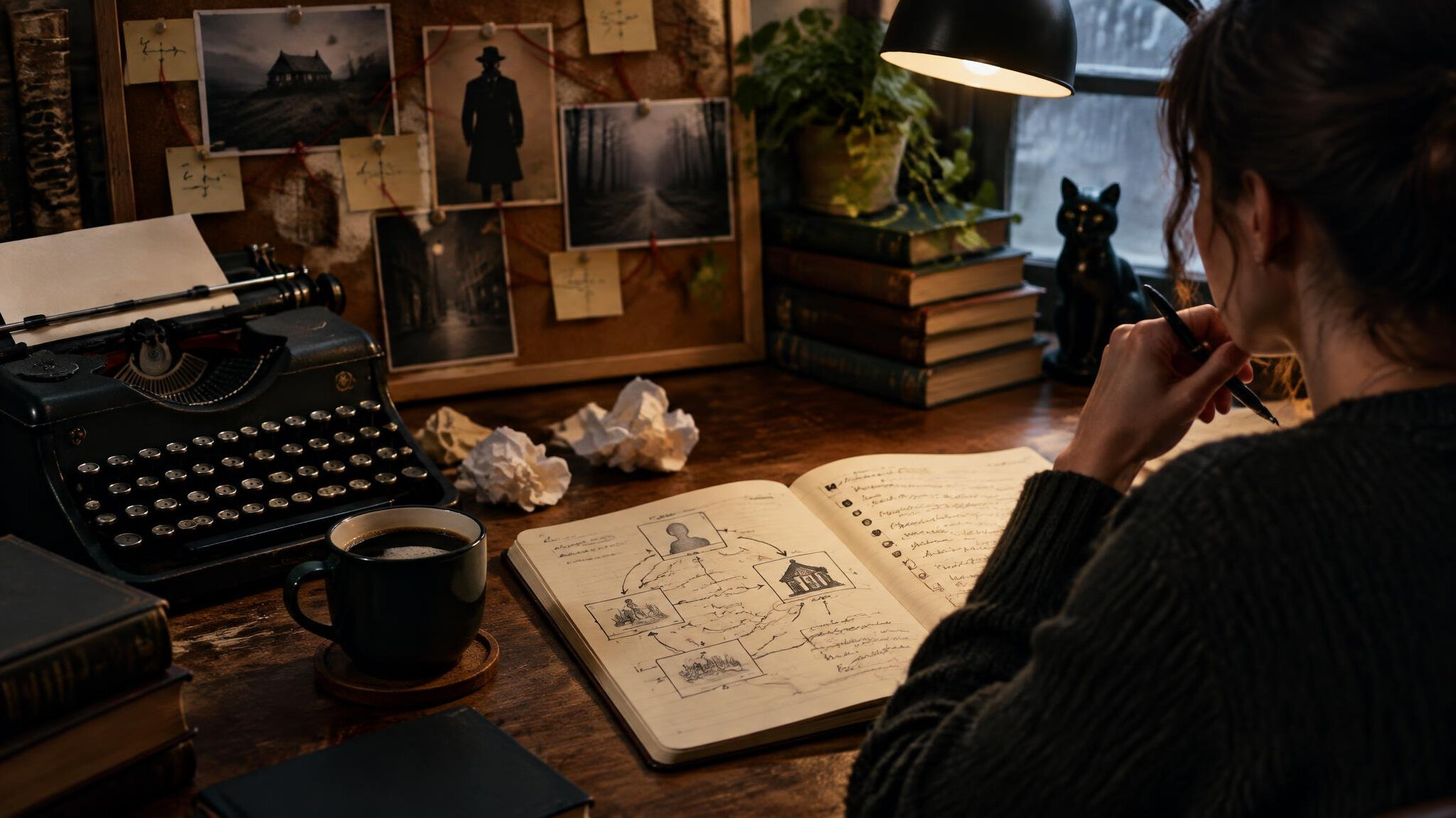 mystery writer desk setup